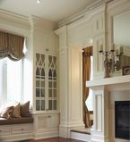 Entry to living room with white moulding