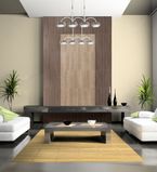 Living room with a section in the middle of the wall with light and dark brown paneling