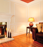 Light yellow wall with paneling along the wall with moulding around the fireplace and baseboards around the bottom