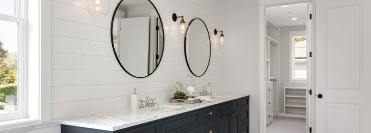 A bathroom vanity featuring white shiplap along the wall.
