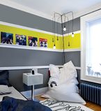 Bedroom with grey and yellow stripes with white moulding 
